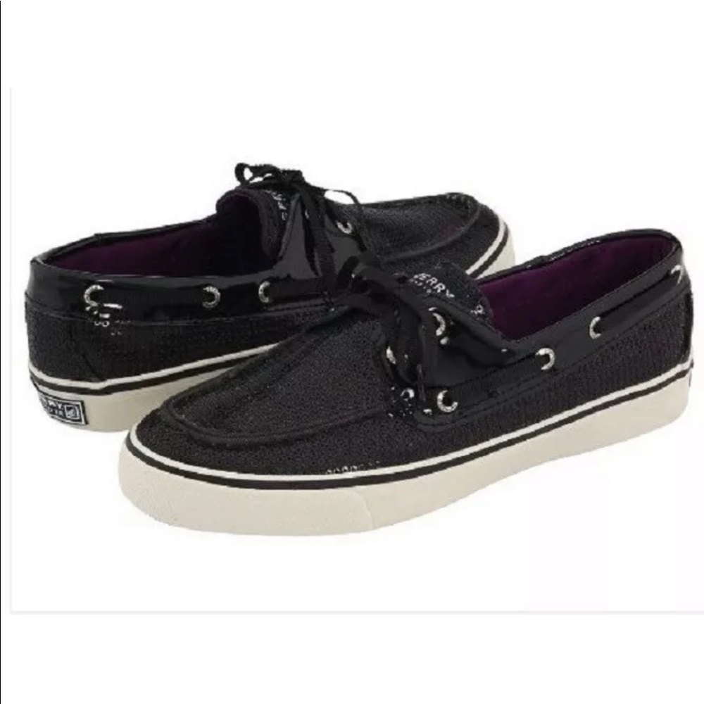 SPERRY BAHAMA BOAT DECK SHOES BLK SEQUINS SZ 7.5M